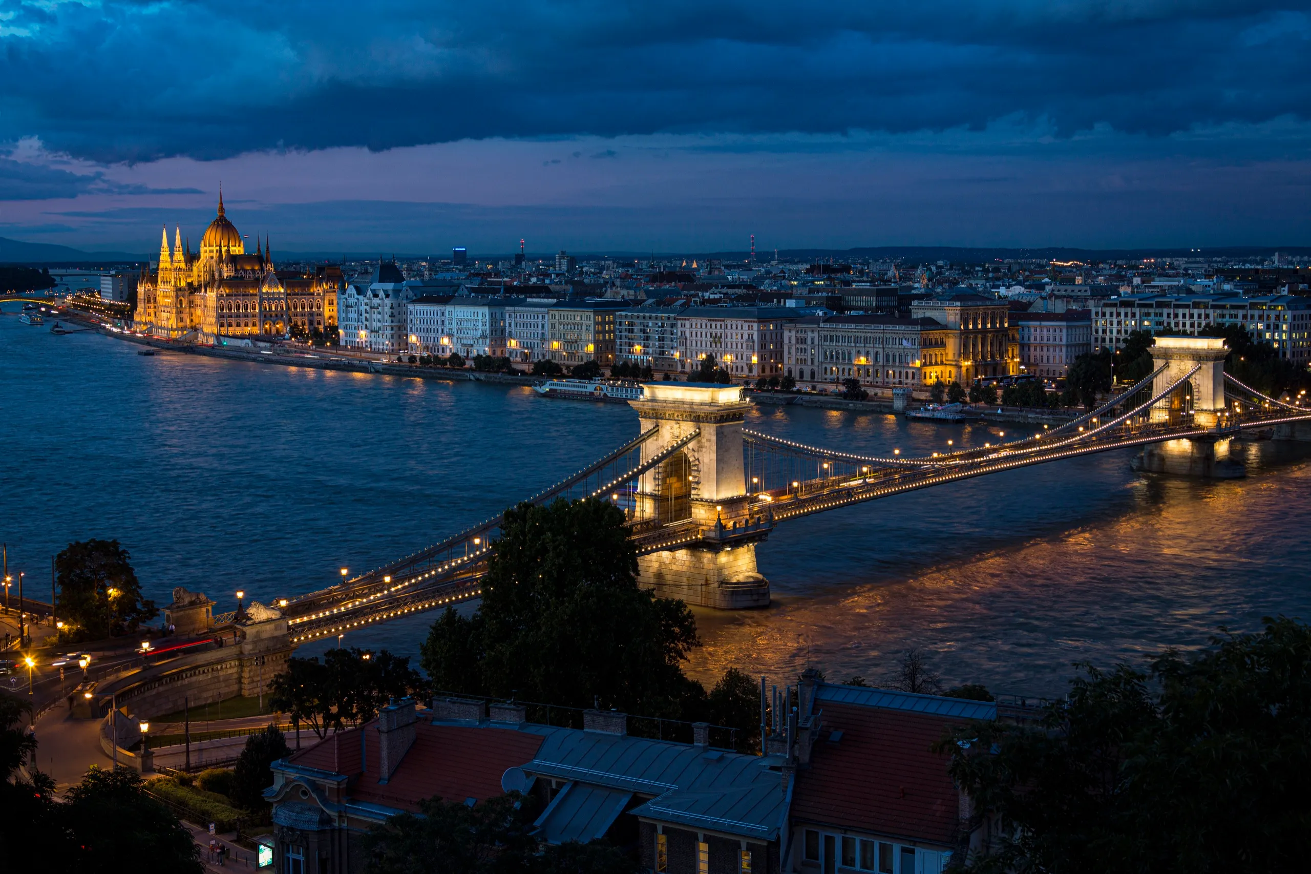 The Budapest skyline at dusk: the Parliament and the Chain Bridge over the Danube