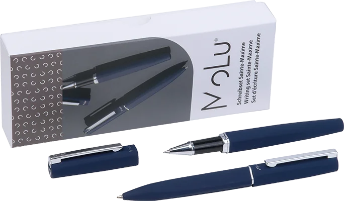 MoLu steel ballpoint and rollerball set with gunmetal trim - Navy Bule