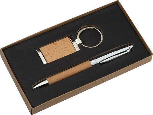 Wood and metal pen and keyring gift set - Brown
